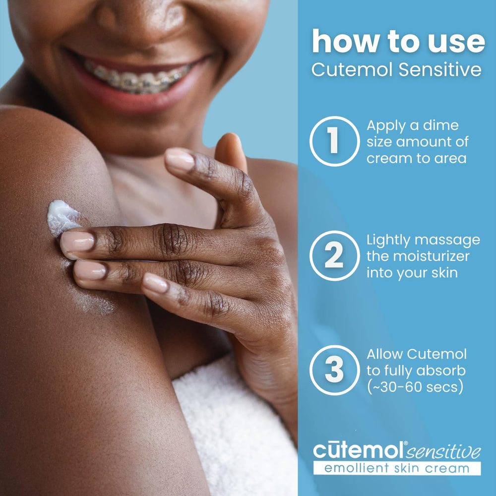 Utilisation quotidienne de Cutemol sur le corps pour hydratation sans parfum.