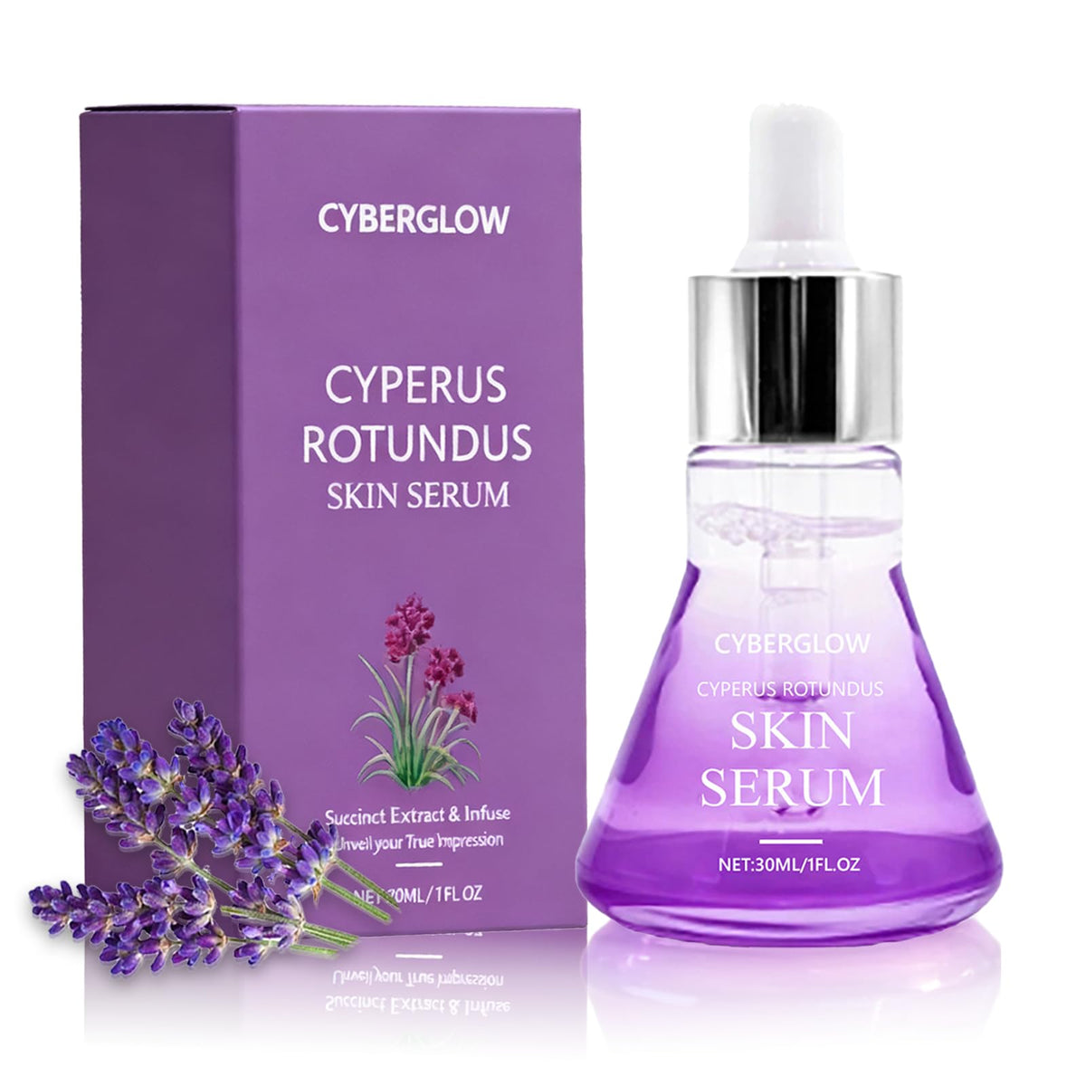 Sérum Cyberglow Cyperus Rotundus — bouteille prête à hydrater et lisser la peau.