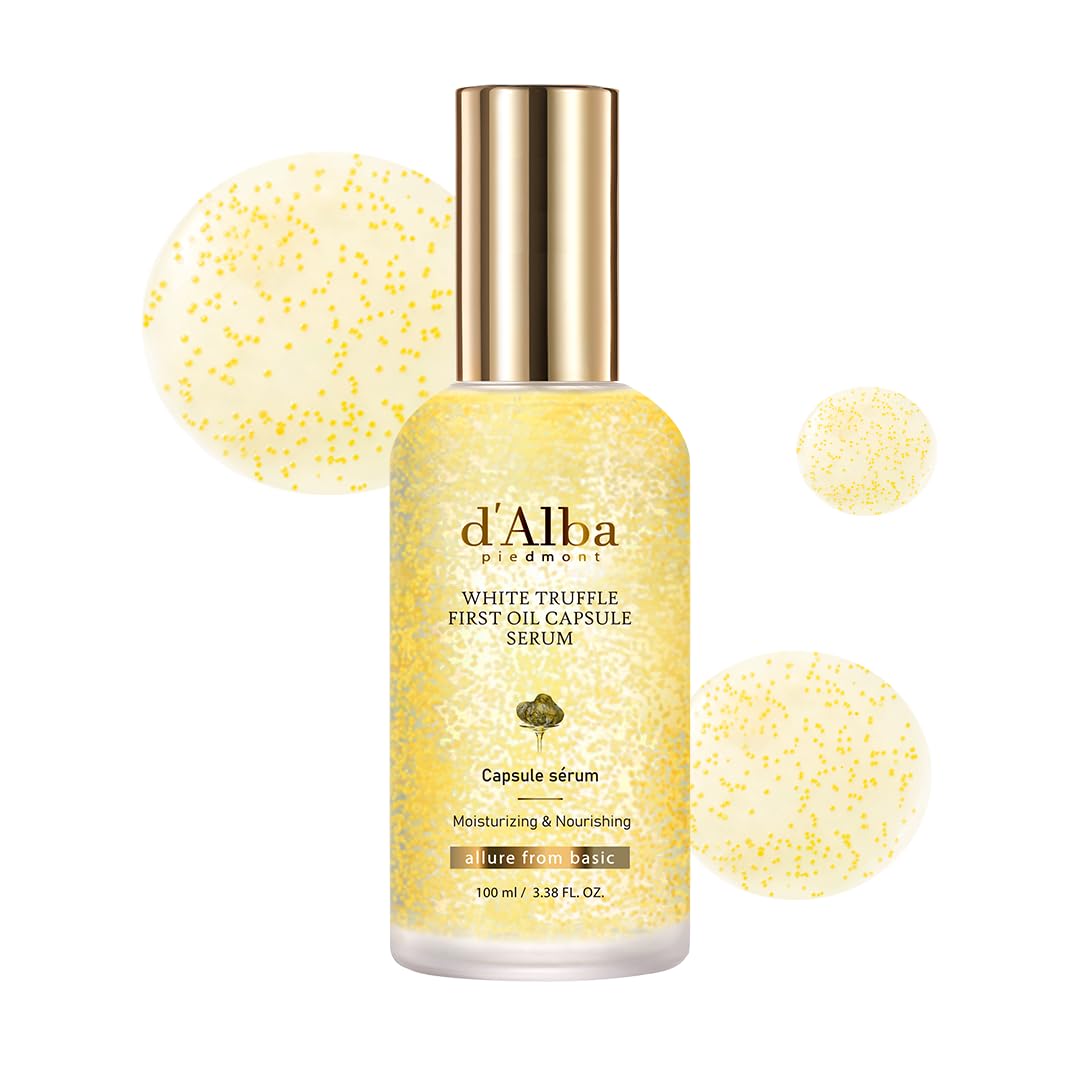 Sérum d'alba Piedmont, capsules huile-truffe blanche, bouteille lumineuse et hydratante.