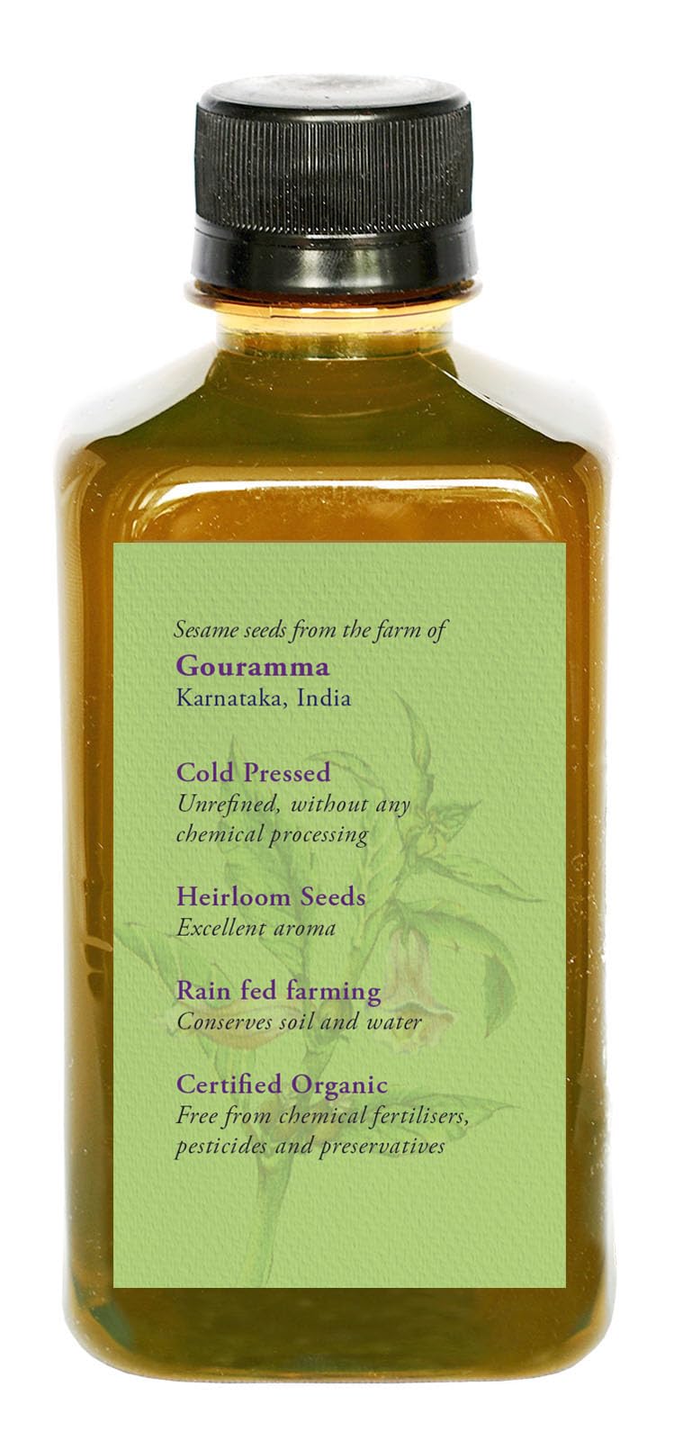 DAANA sesame oil amber bottle close-up, emphasizing purity and extra-virgin quality