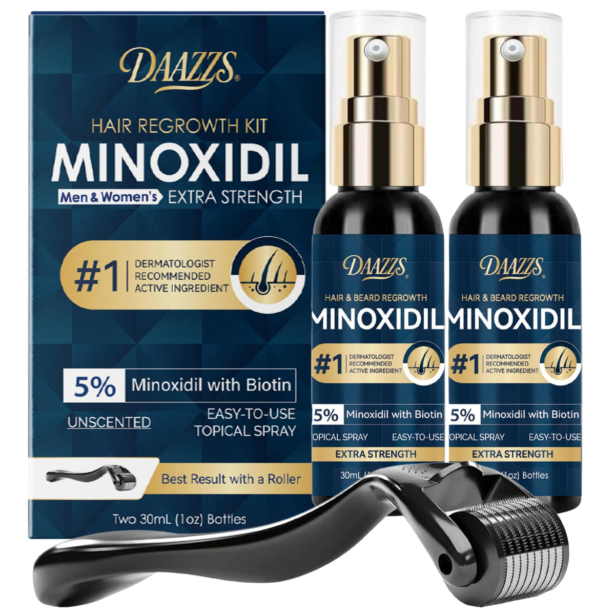 DAAZZS cinq pour cent Minoxidil pour cheveux et barbe, densité potentielle.