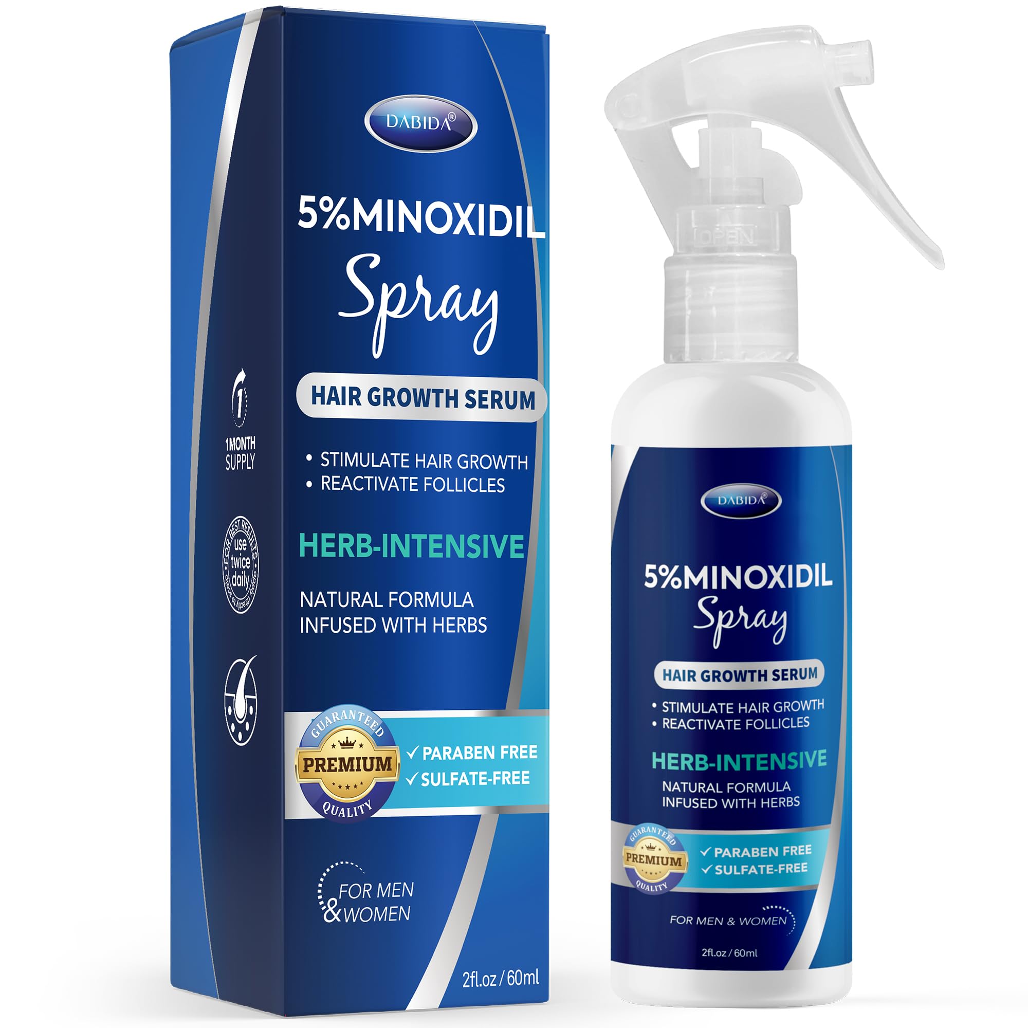 Flacon DABIDA Minoxidil 5% 60 ml prêt à l'emploi pour la repousse capillaire.