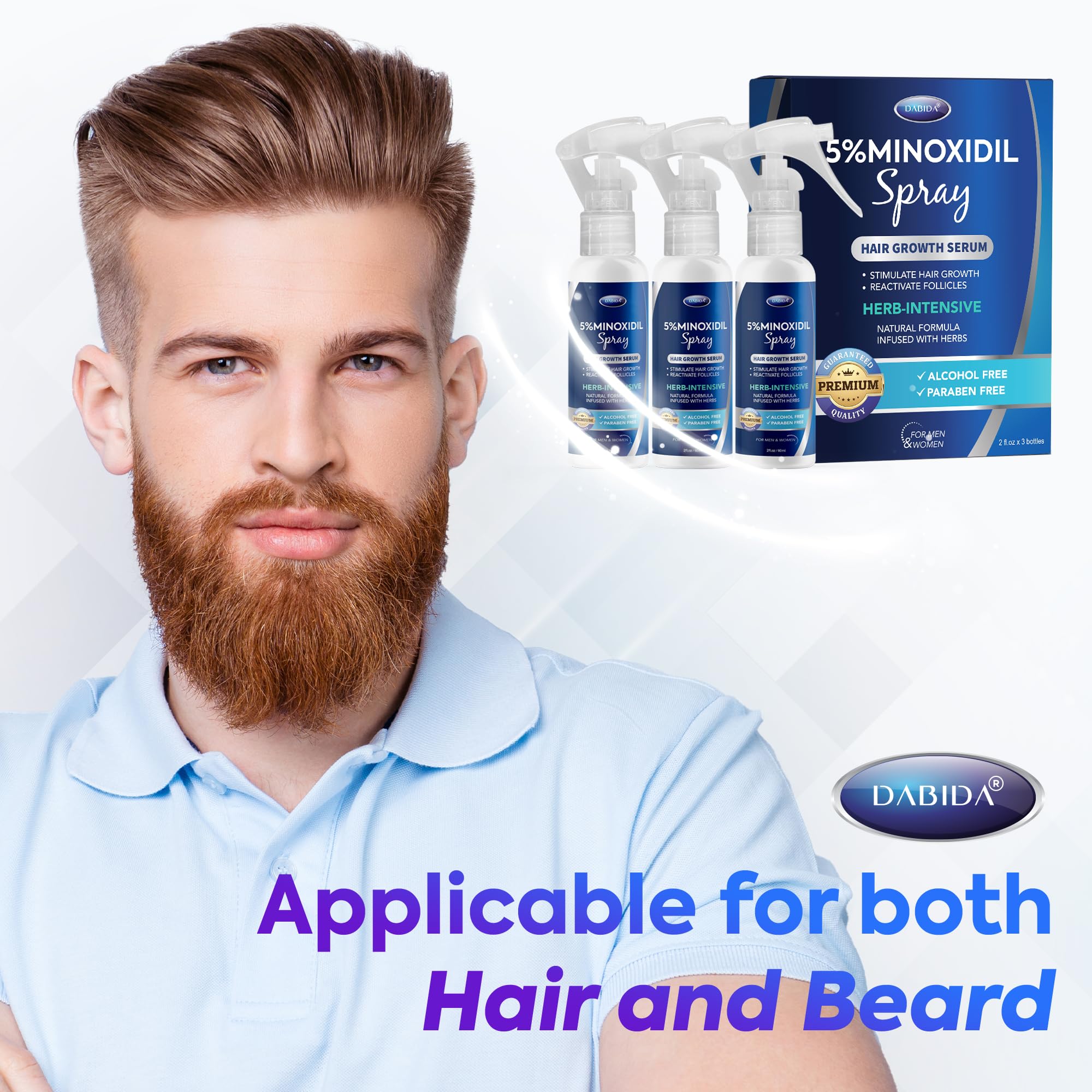 Gros plan sur Dabida Minoxidil, démontrant des résultats potentiels après l'utilisation.