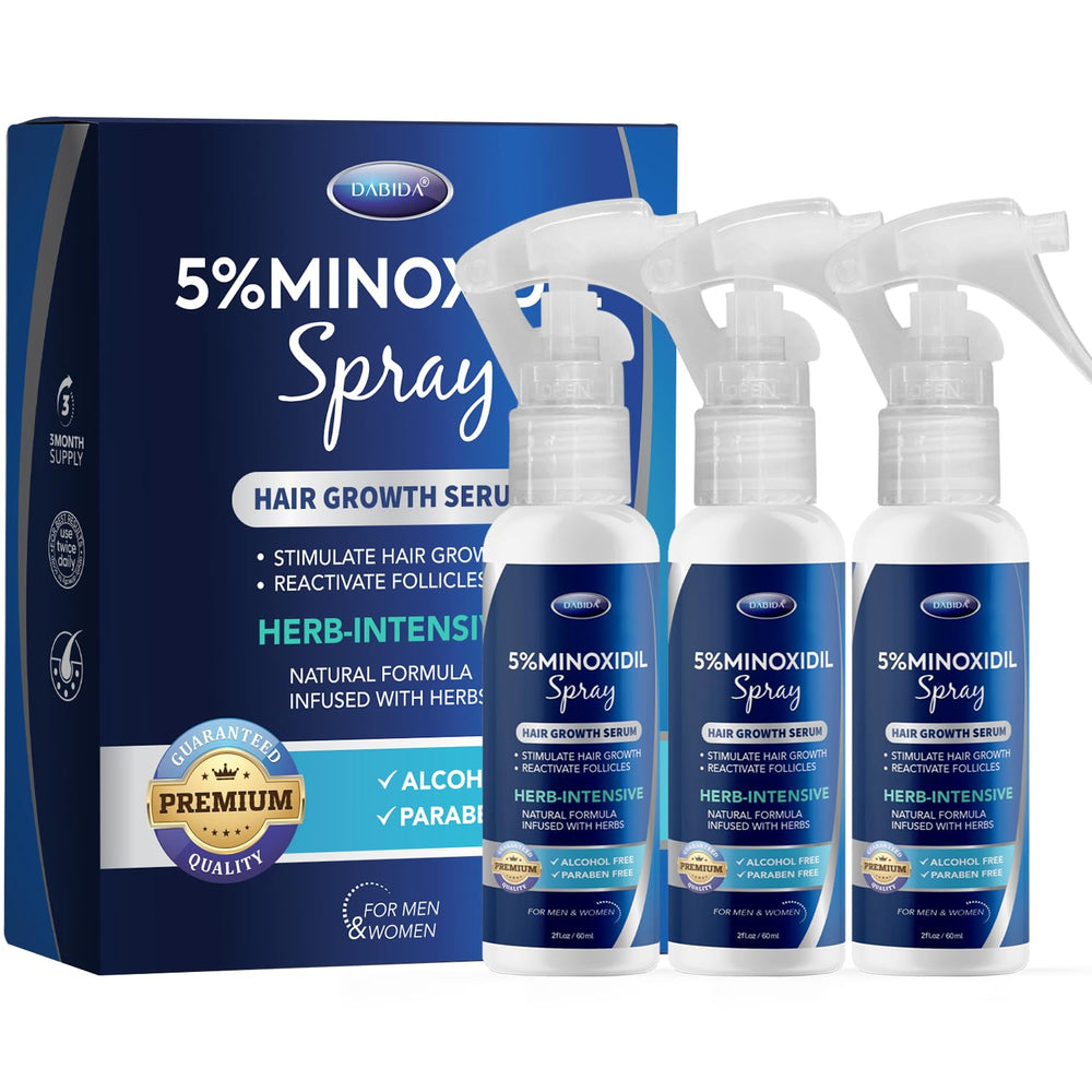 Dabida Minoxidil Spray, bouteille 60ml, facilite l'application et stimule potentiellement la croissance.