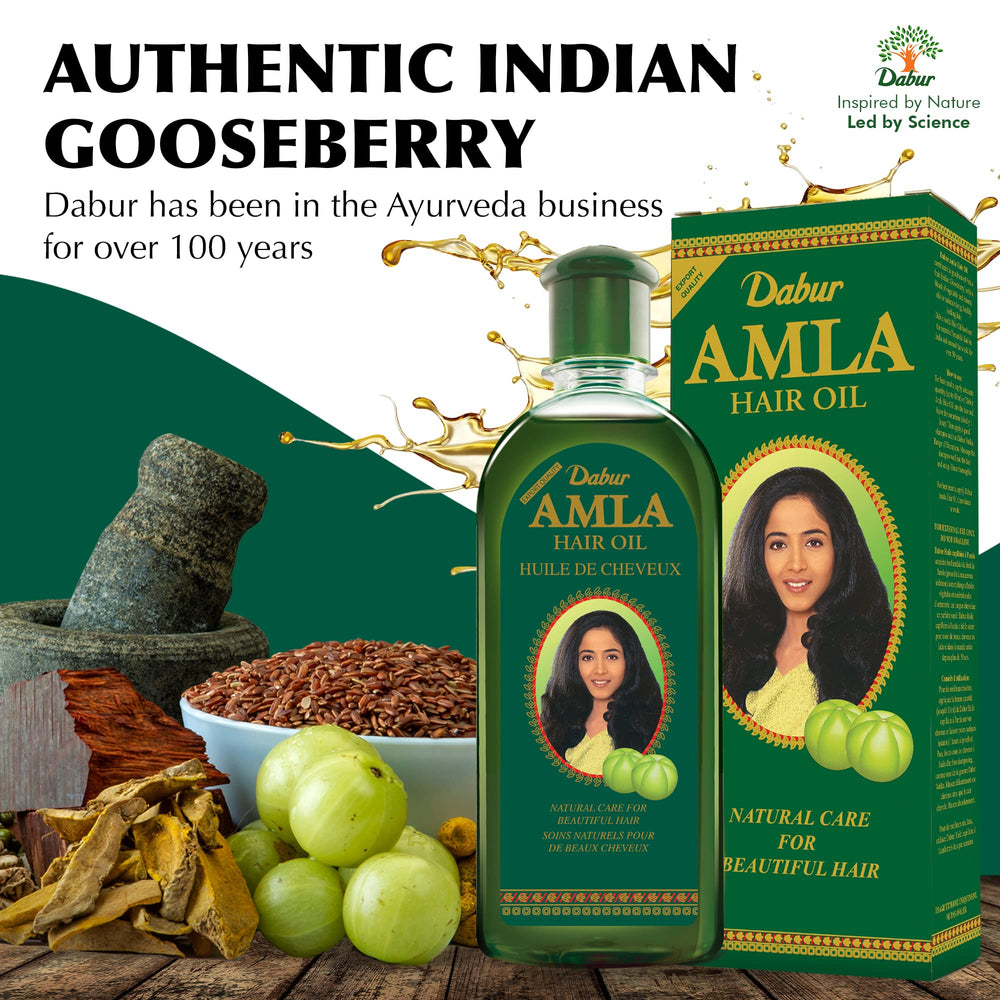 Dabur Amla Hair Oil, brillance naturelle, revitalise les longueurs et réduit les frisottis.