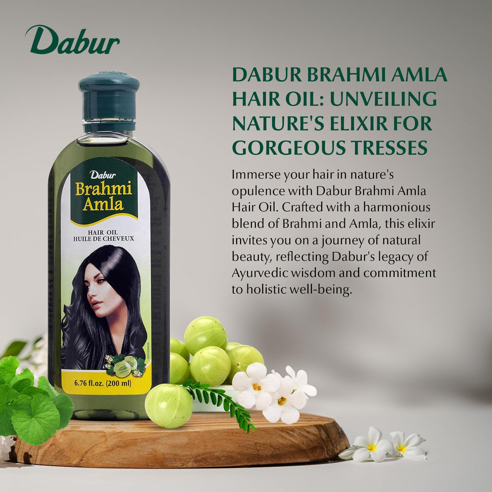 Dabur Brahmi Amla Hair Oil – application fluide sur cuir chevelu.