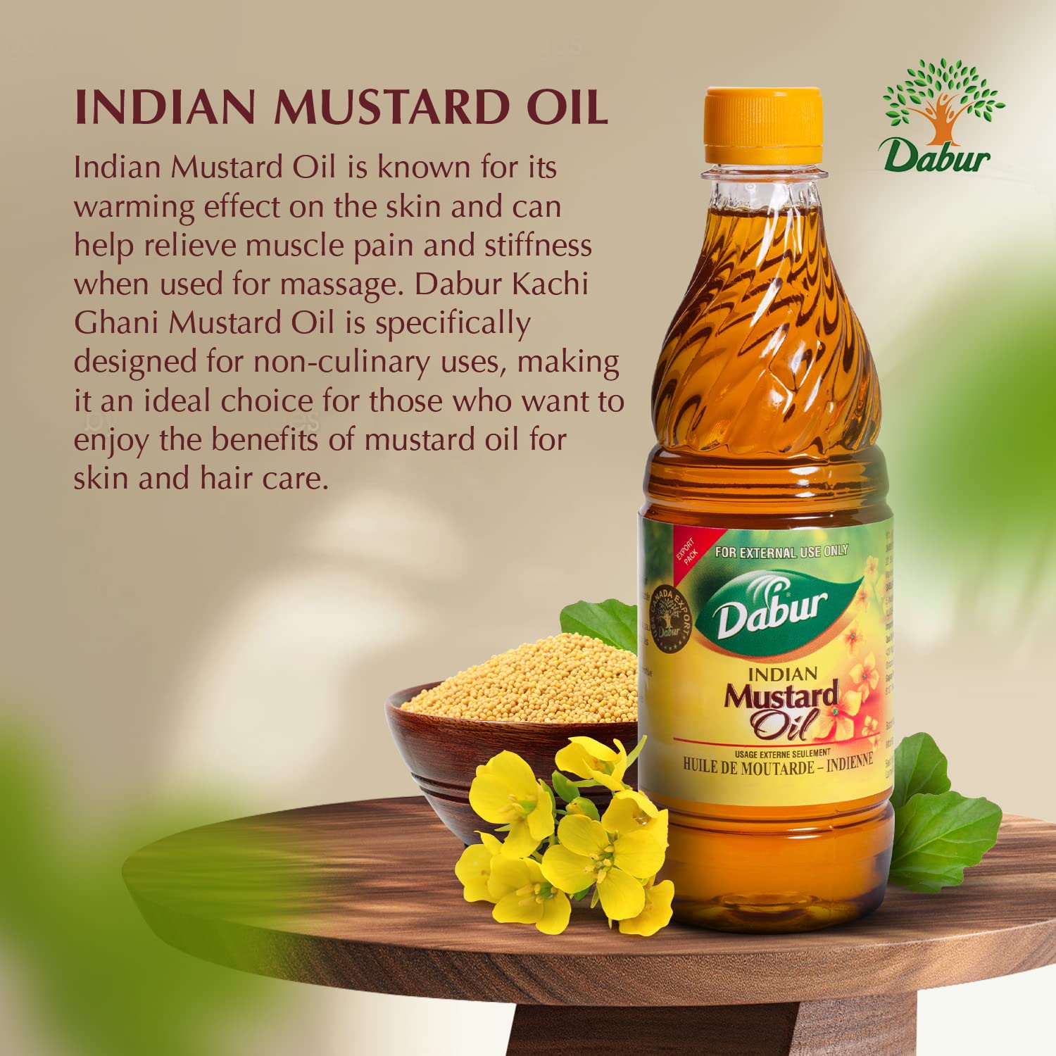 Dabur Kachi Ghani huile de moutarde, versement facile pour massage corporel.