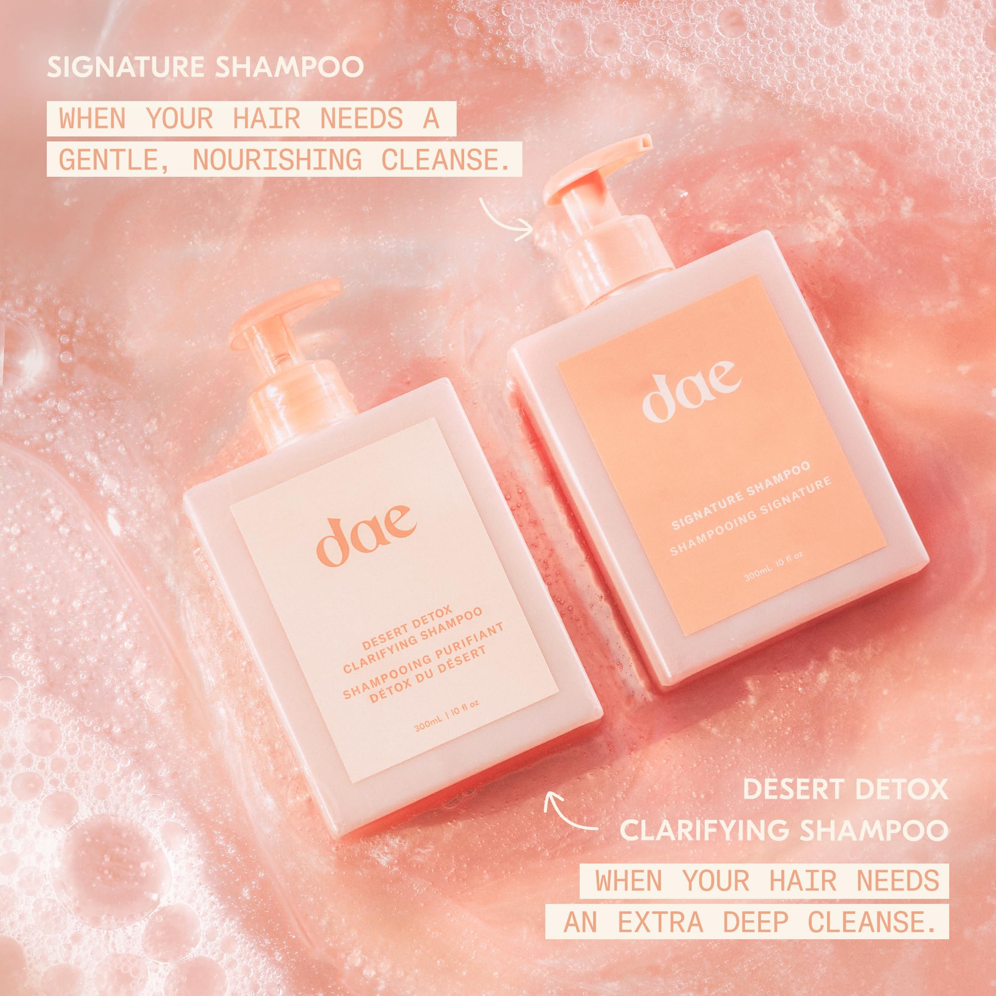 DAE Signature Shampoo, cheveux plus brillants et doux après lavage.