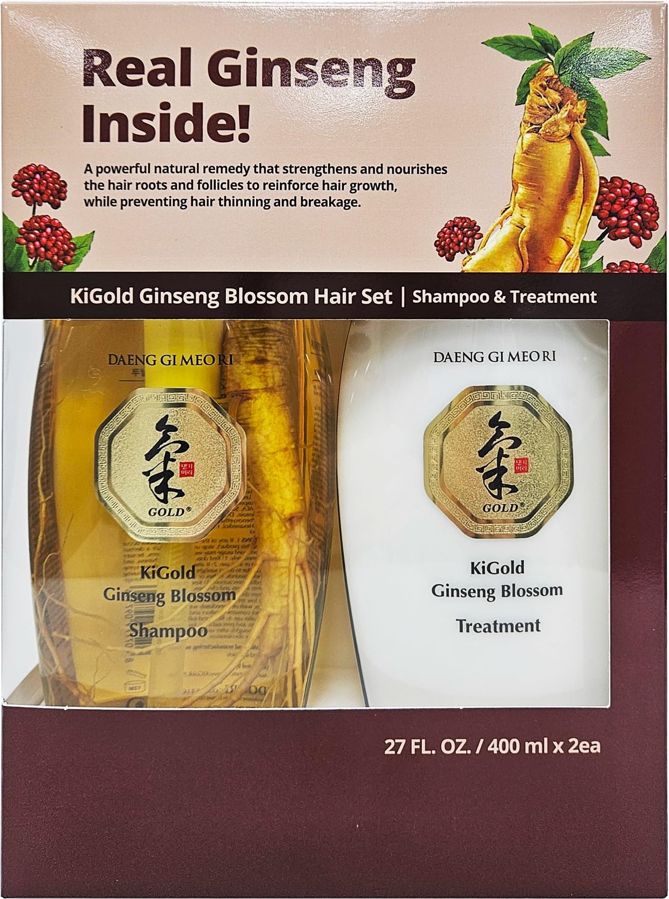 Shampoing Daeng Gi Meo Ri Ki Gold Ginseng Blossom en bouteille, mousse purifiante.