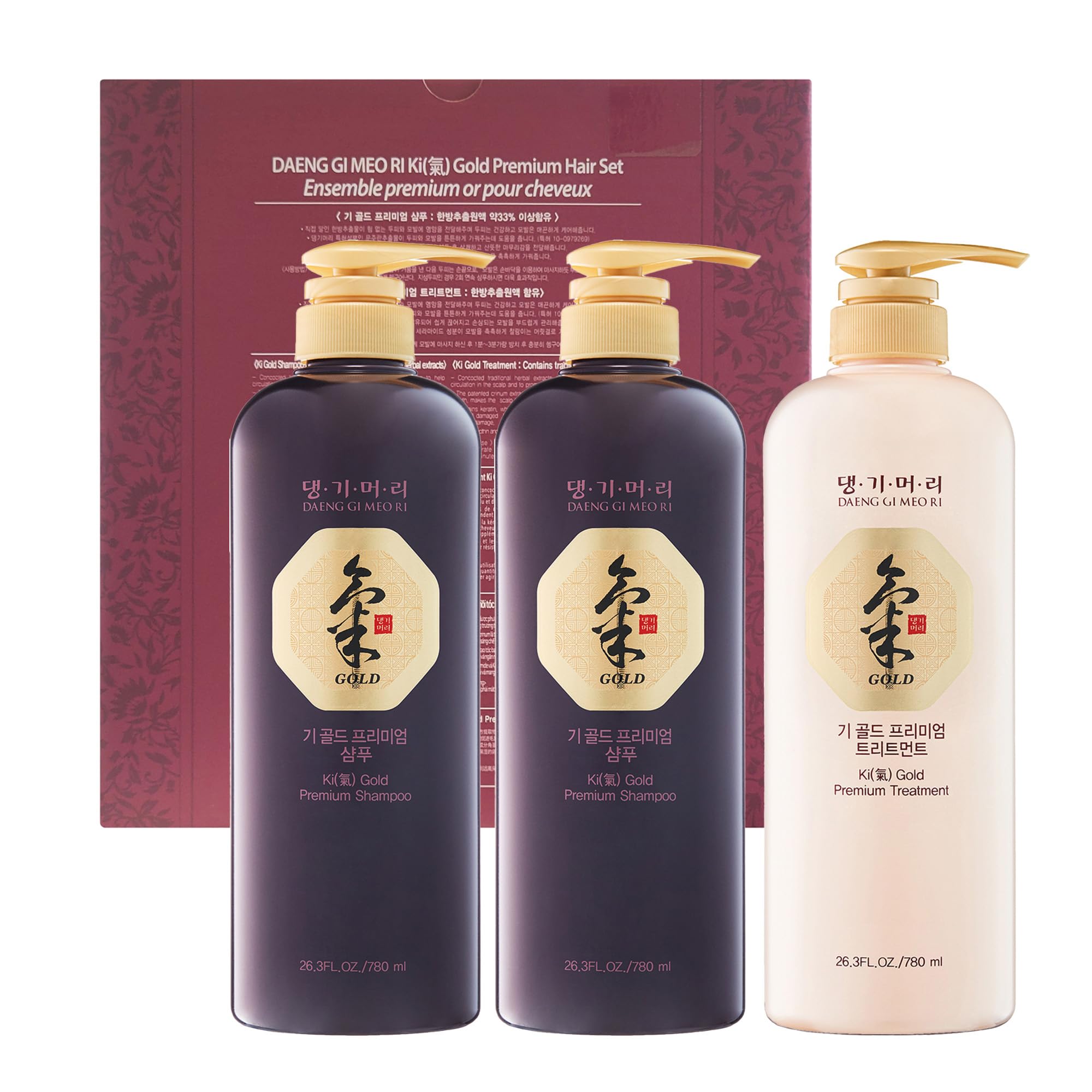 Daeng Gi Meo Ri Ki Gold Premium - Shampooing: bouteille lumineuse, nourrit cheveux et cuir chevelu en profondeur.