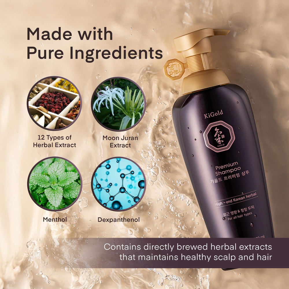 Daeng Gi Meo Ri Ki Gold Premium Shampooing - Extraits d herbes médicinales visibles.