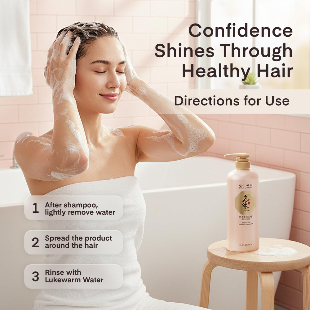 Daeng Gi Meo Ri Ki Gold: rituel d’application simple pour cheveux propres et hydratés.