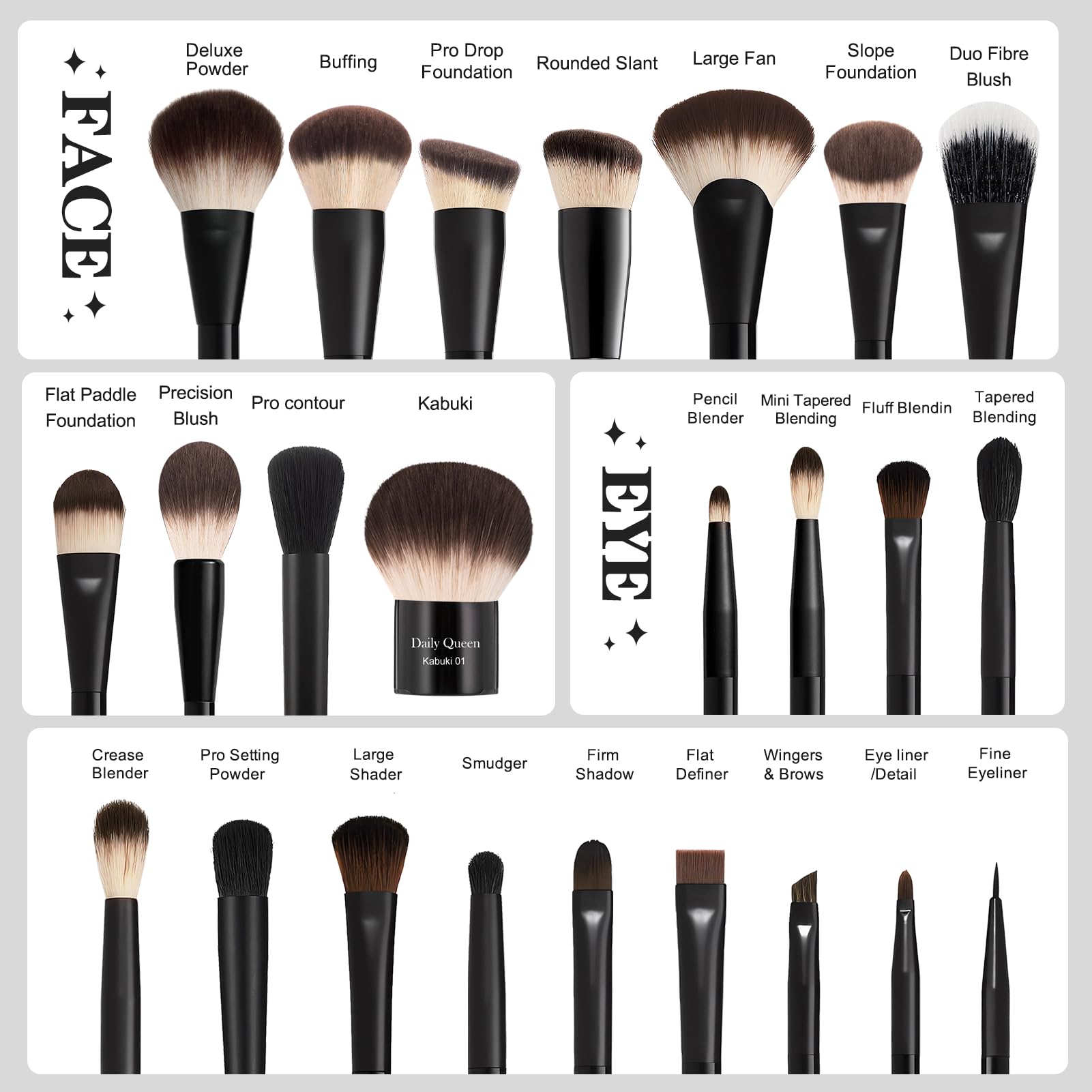Pinceaux Daily Queen yeux et ombres pour transitions en douceur.