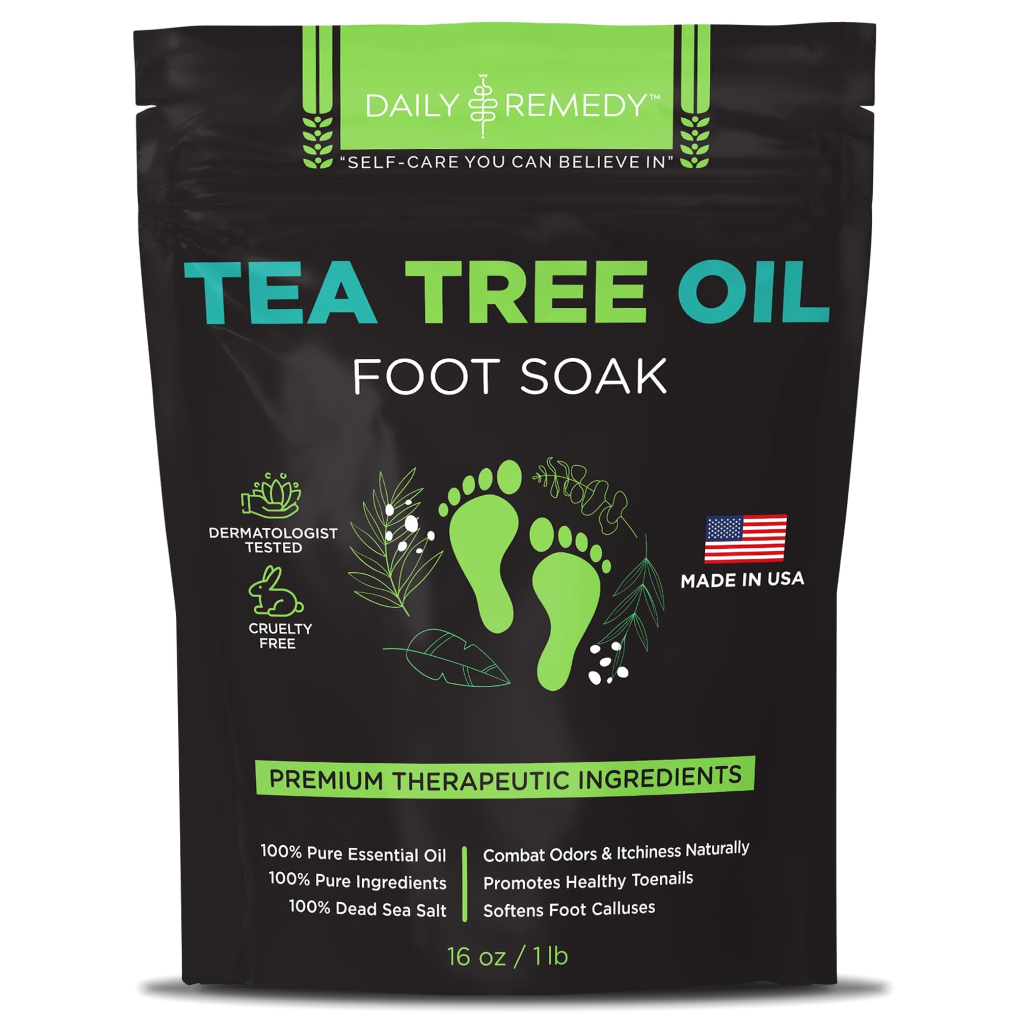 Bouteille Daily Remedy bain-pieds huile d'arbre a thé, parfum frais et purifiant.