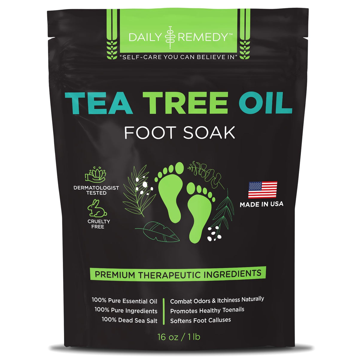 Bouteille Daily Remedy bain-pieds huile d'arbre a thé, parfum frais et purifiant.