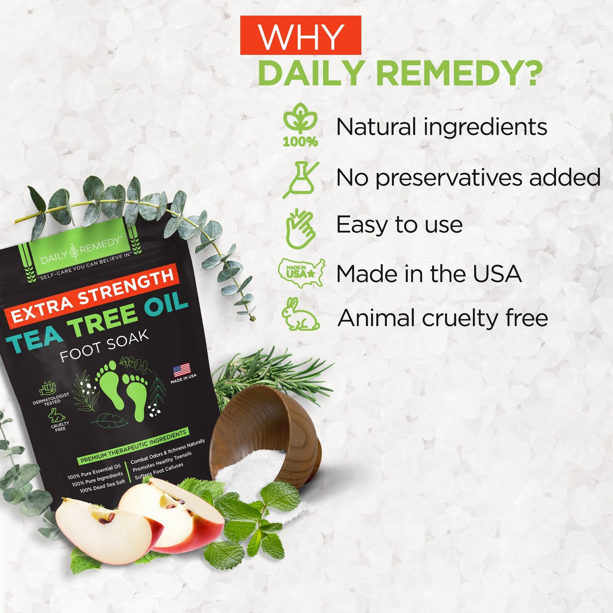 DAILY REMEDY Made in USA label on foot soak packaging signals quality.