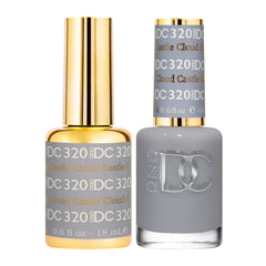 DAISY DND Cloud Castle gel, bouteille gris doux, élégante manucure prête à porter.