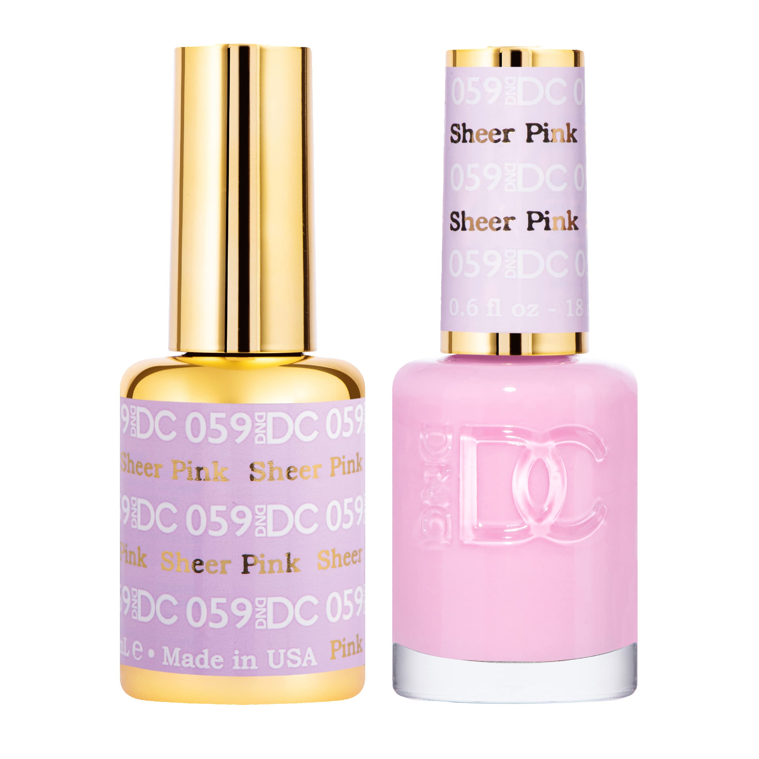 Daisy DND Gel Polish 059 Sheer Pink sur bouteille, finition rosée et longue tenue.