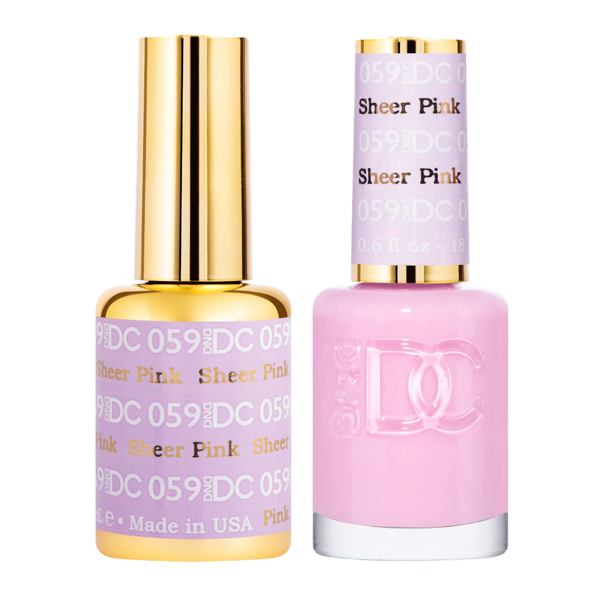 Daisy DND Gel Polish 059 Sheer Pink sur bouteille, finition rosée et longue tenue.