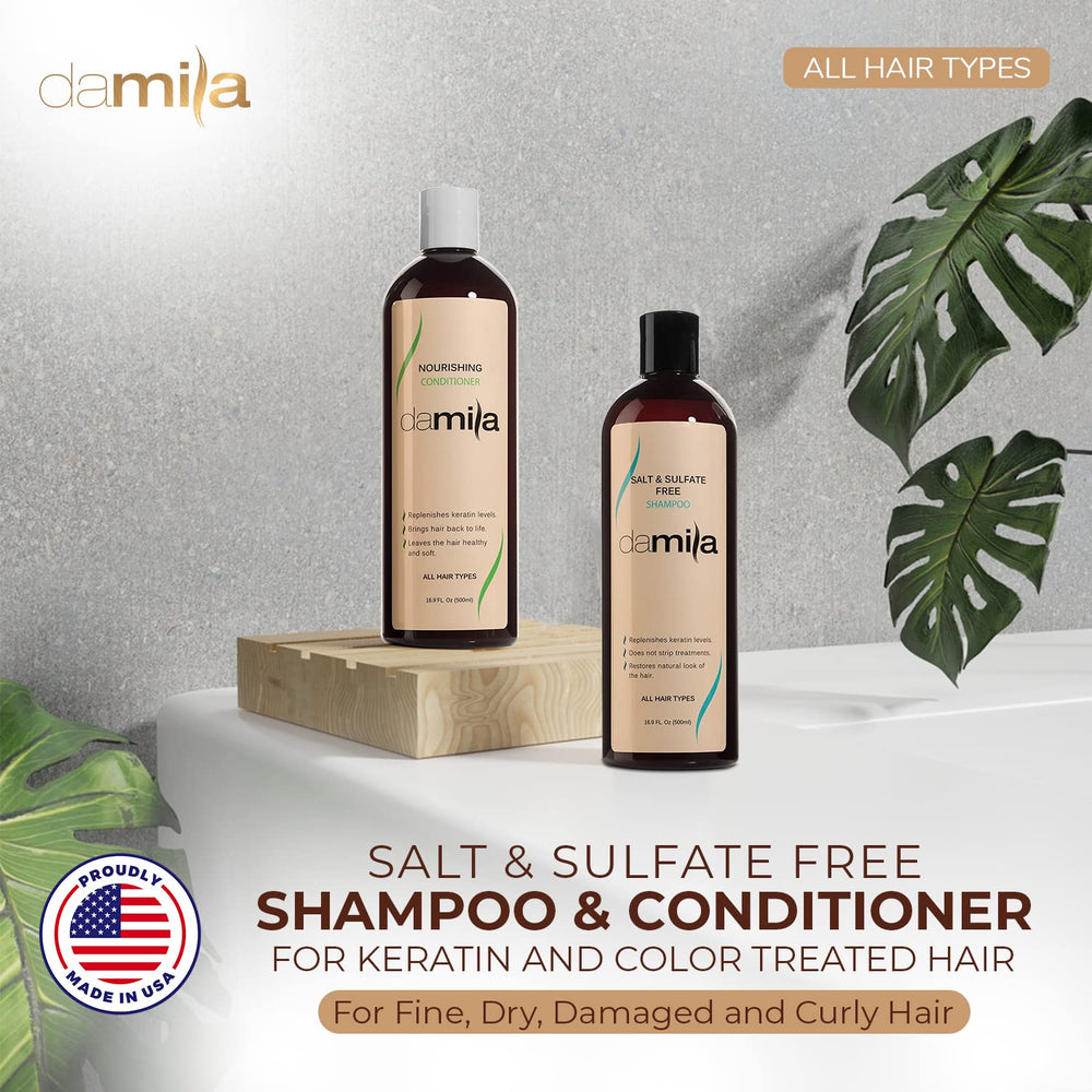 Damila Après-Shampoing sans sel sans sulfates, flacon pratique pour cheveux hydratés.