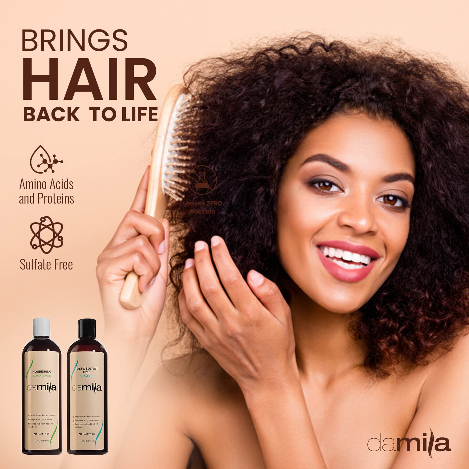 Damila Texture crèmeuse visible sur le shampoing, sensation hydratante légère.