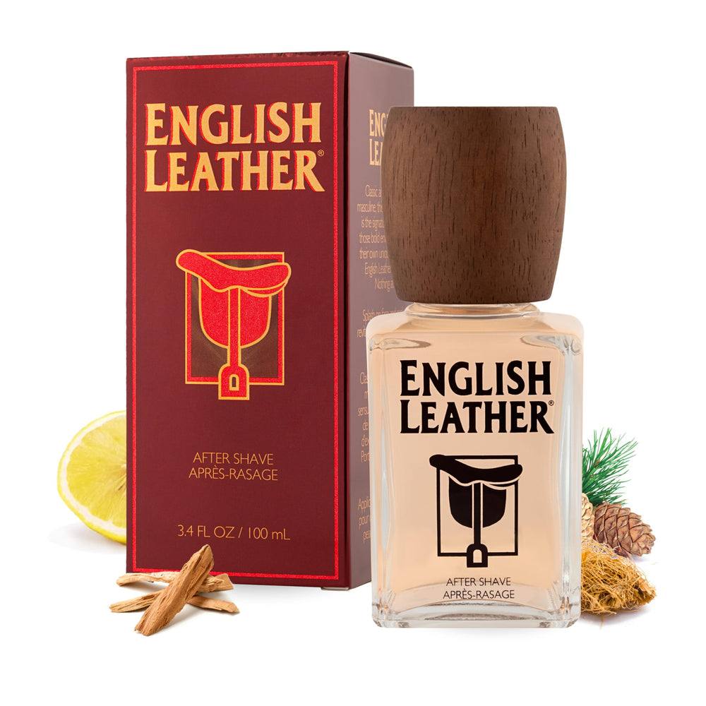 Flacon Dana English Leather après-rasage, élégant et masculin.
