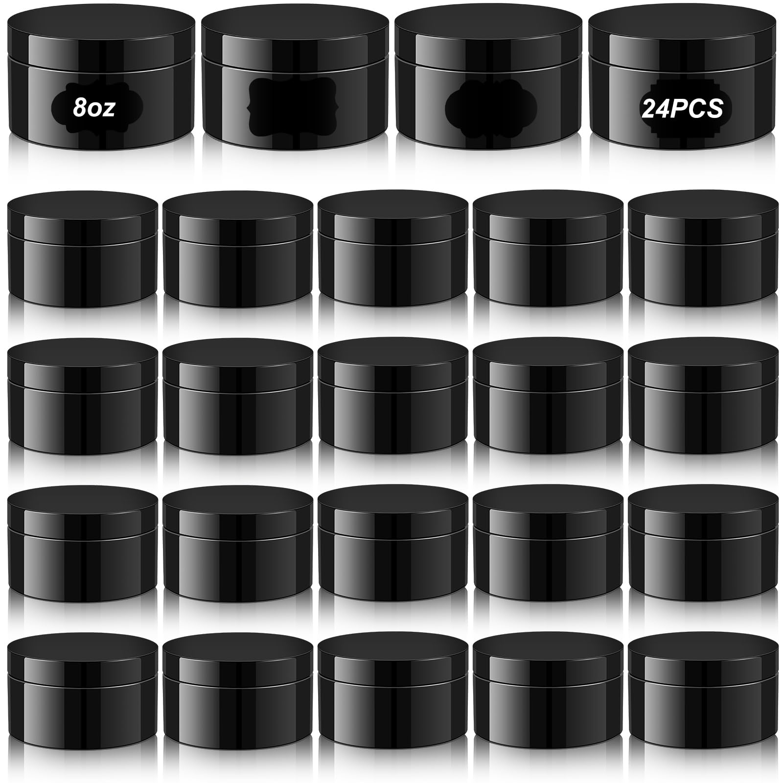 Lot de 24 bocaux noirs Dandat 250 ml avec étiquettes pour organisation.
