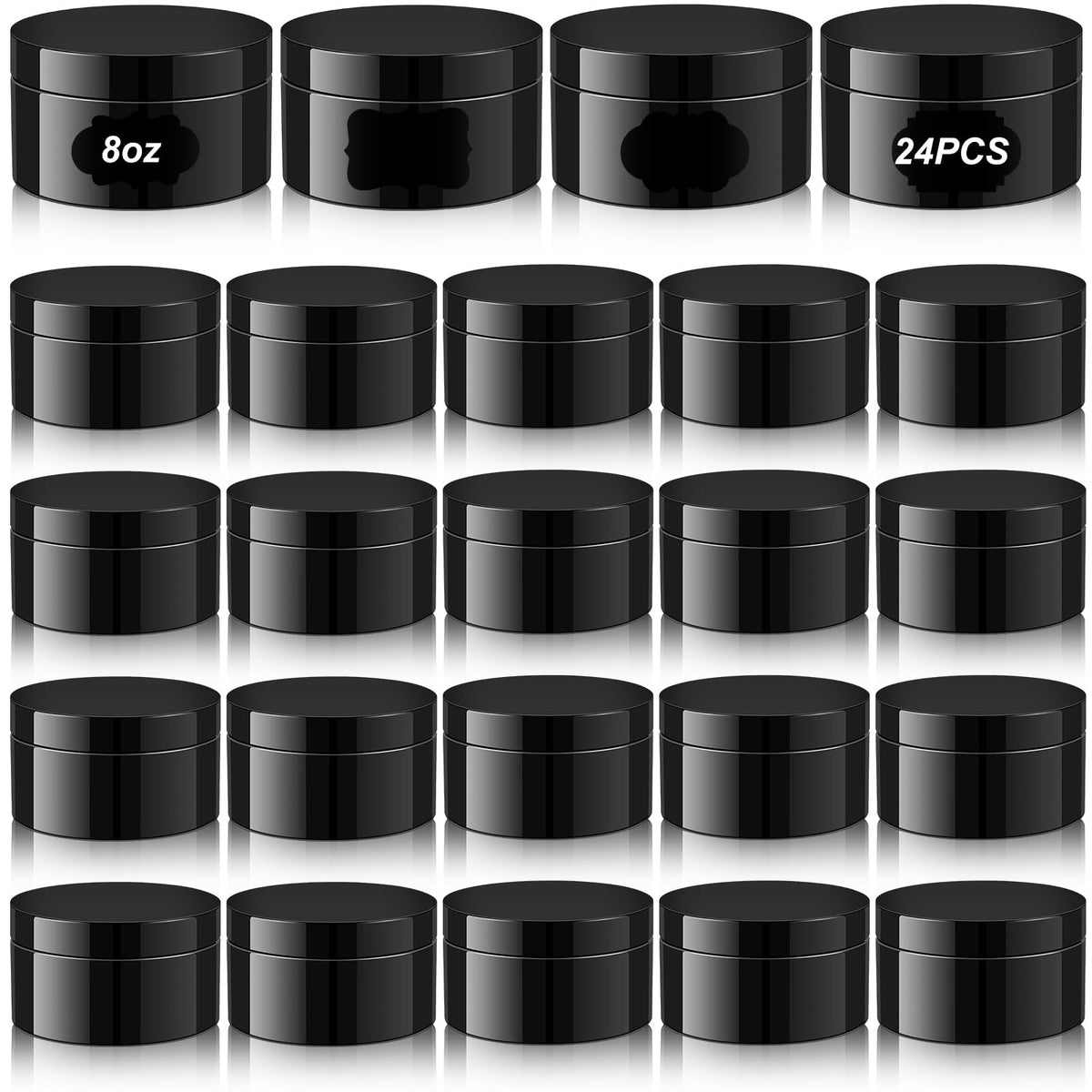 Lot de 24 bocaux noirs Dandat 250 ml avec étiquettes pour organisation.