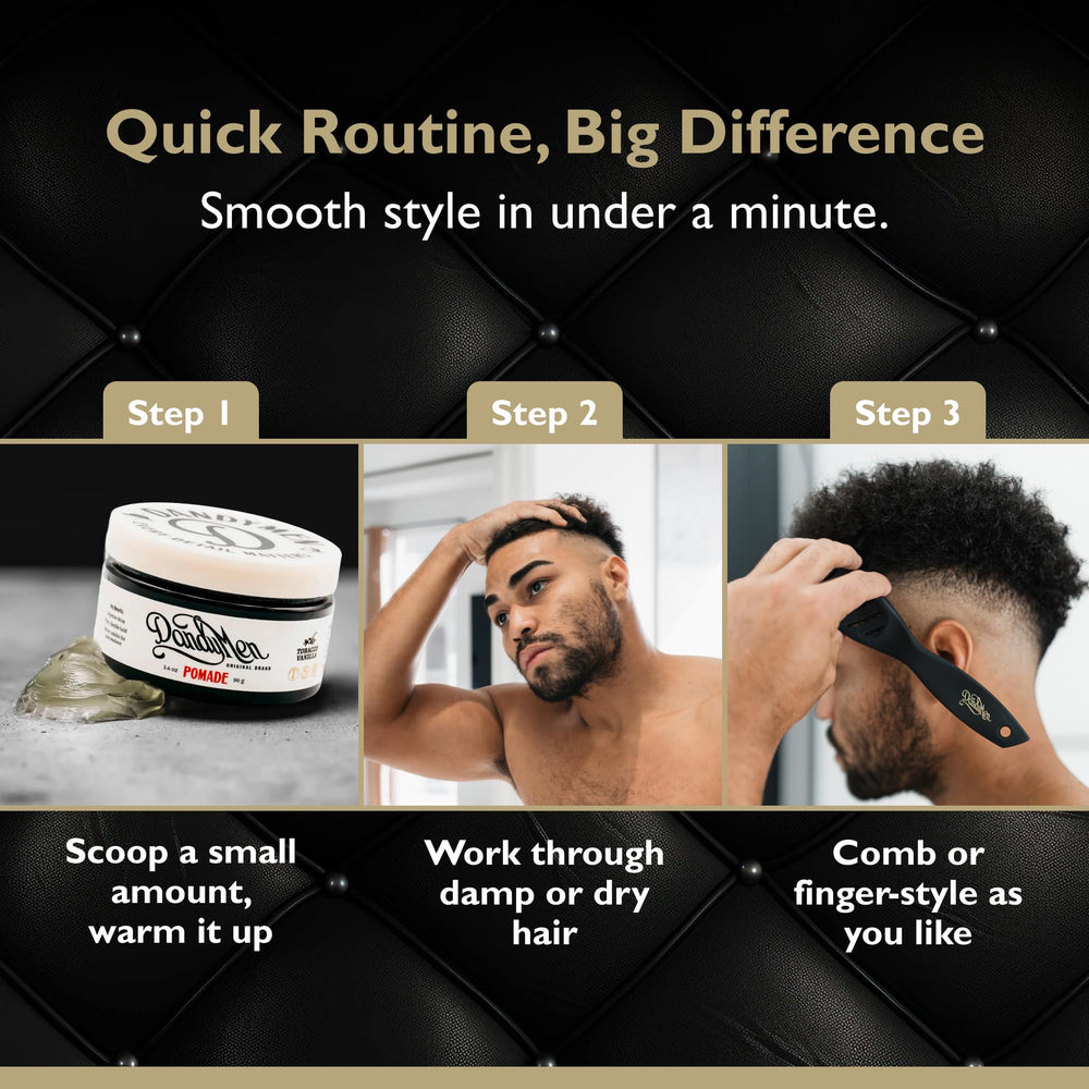 DandyMen Pomade – coiffage net en arrière pour un style élégant.