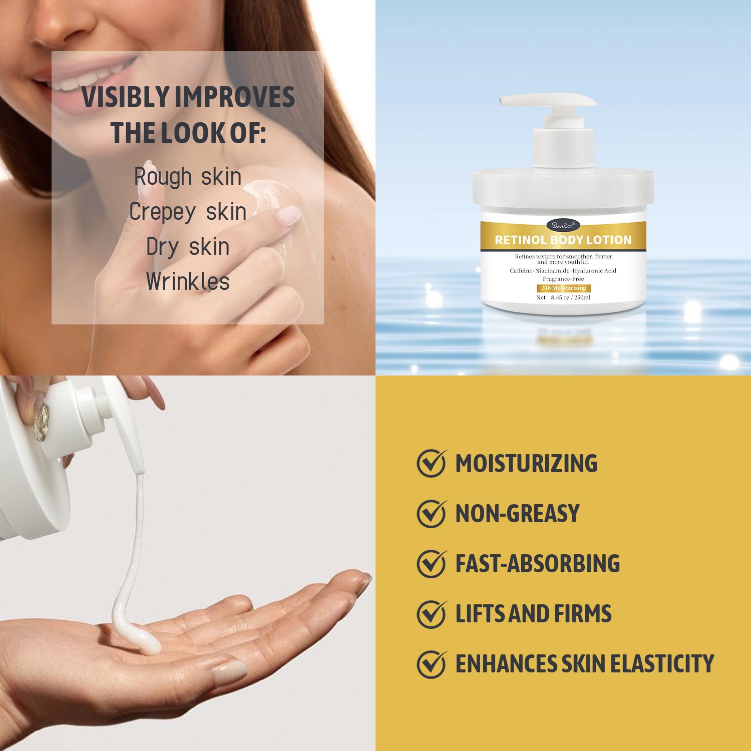 Texture soyeuse et hydratation durable pour peau lisse avec Danliss Retinol.