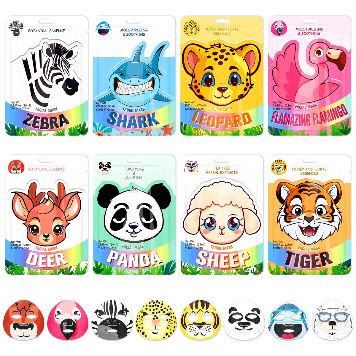 Dansib masques visage animaux – ensemble coloré prêt pour spa à domicile.