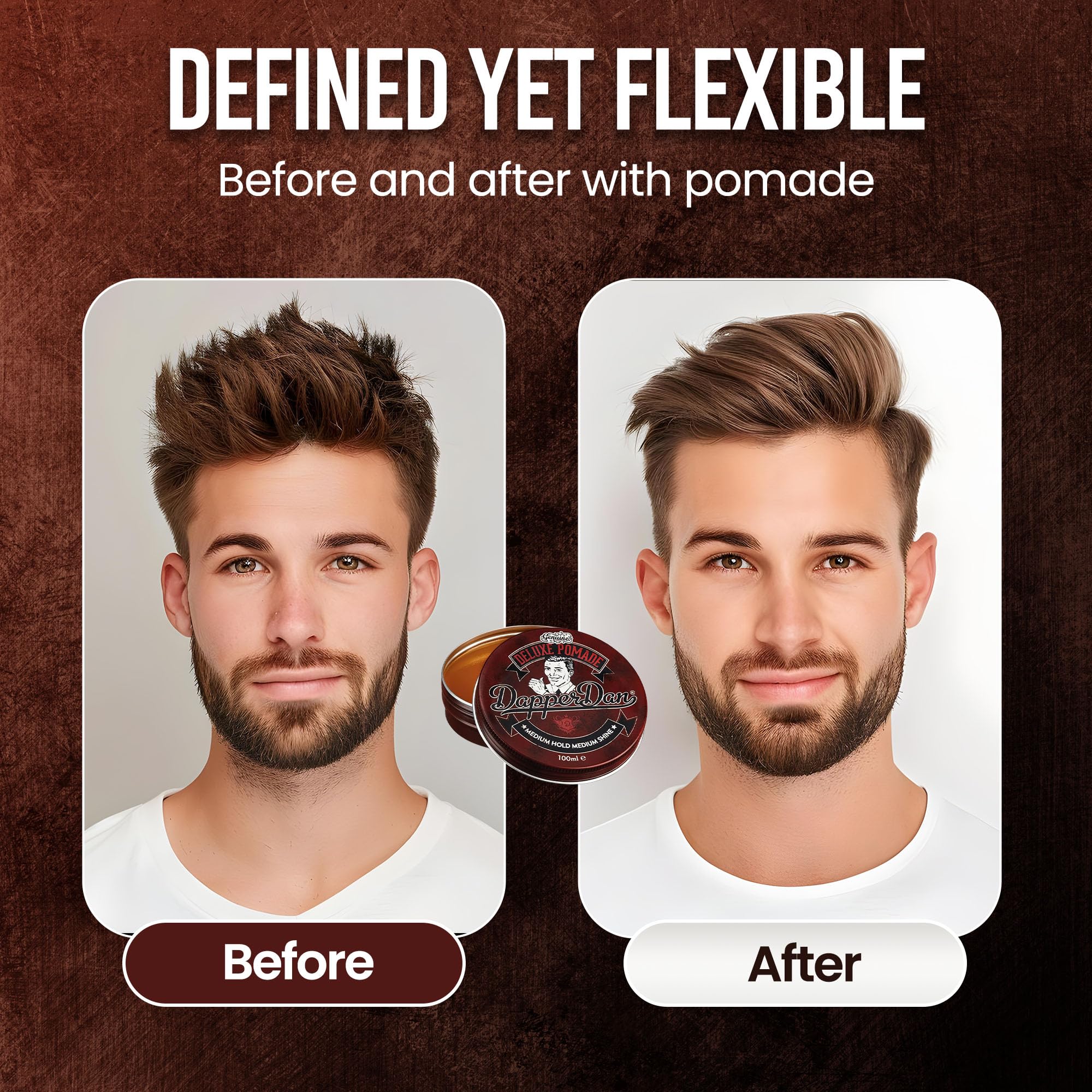 Pommade Deluxe Dapper Dan, application sur cheveux secs pour un look lisse.