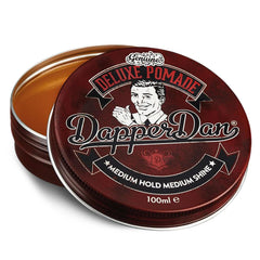 Pommade Deluxe de Dapper Dan, bouteille élégante pour une coiffure nette et lavage facile.