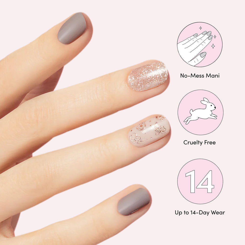 Détails foils fleurs sur bandes gel Lavande Rêves apportant du flair.