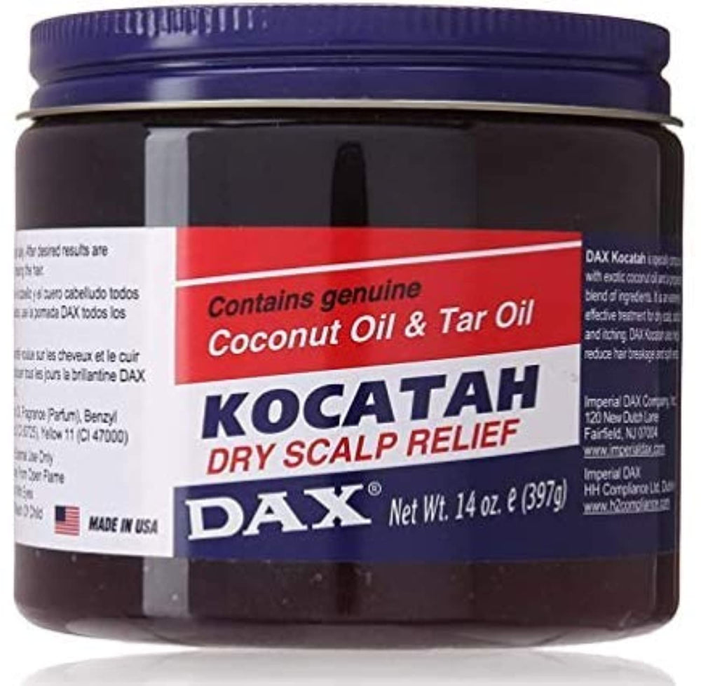 DAX Kocatah ingrédients huile coco et goudron pour nourrir le cuir chevelu.