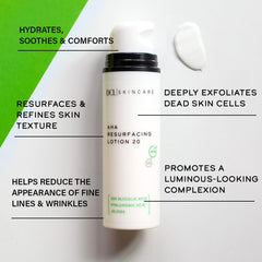 Application de la lotion DCL AHA 20% sur peau, douceur accrue