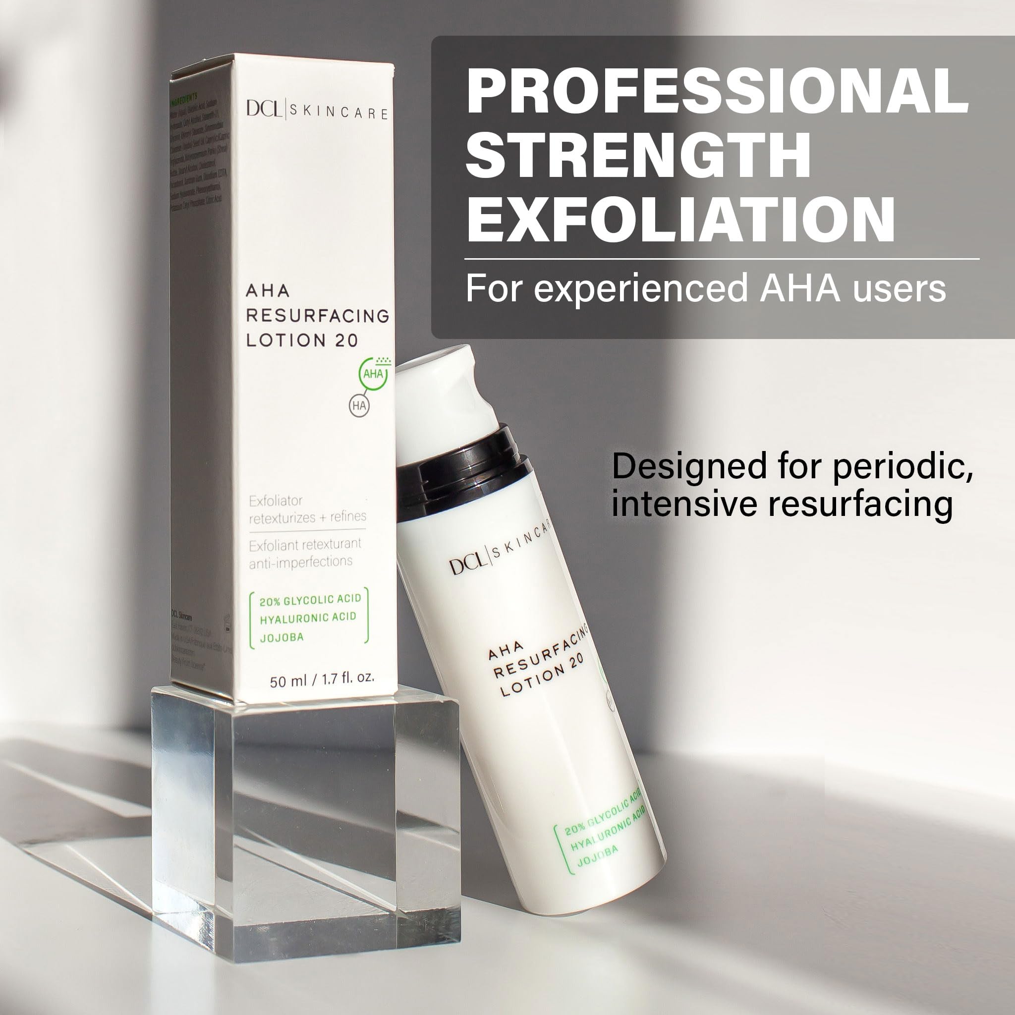 Étiquette DCL AHA 20% affichant l'acide glycolique, exfoliation ciblée