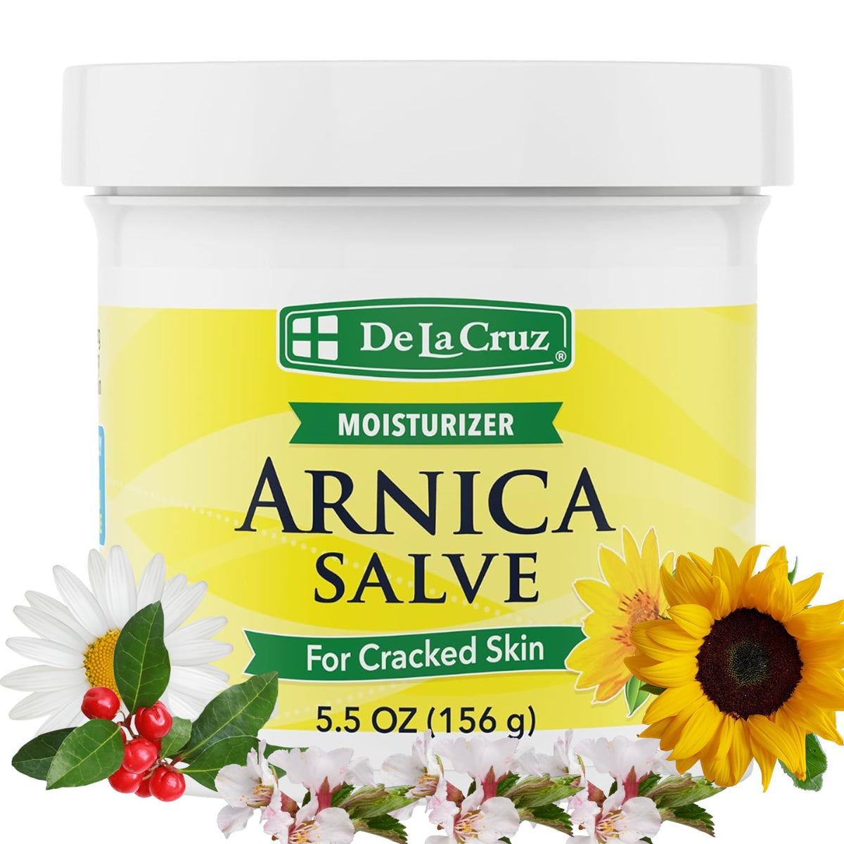 Bouteille De La Cruz Arnica Salve montrant l'emballage, hydratation durable pour pieds et mains.