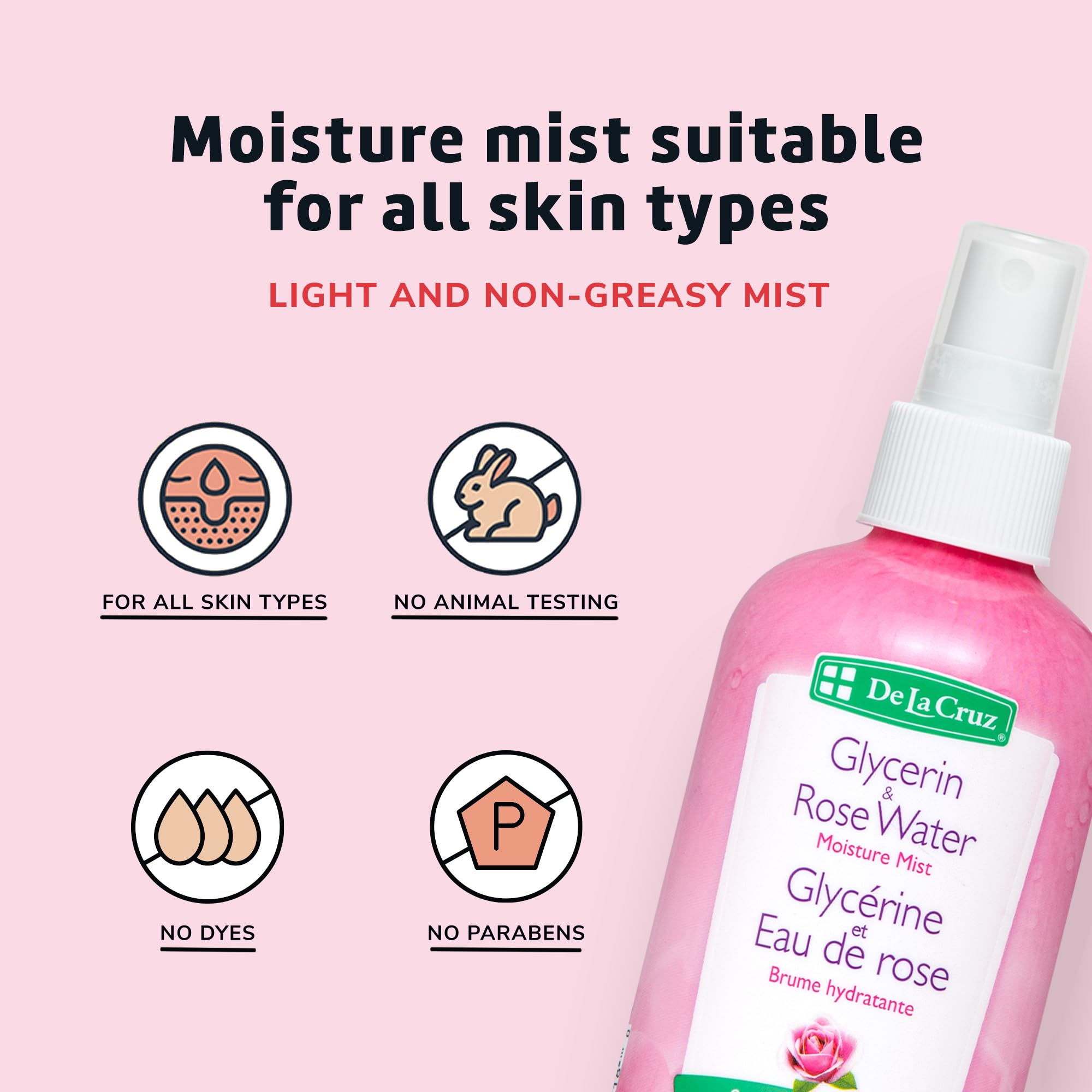 Tonique visage De La Cruz à l’eau de rose pour hydratation légère et fraîcheur.