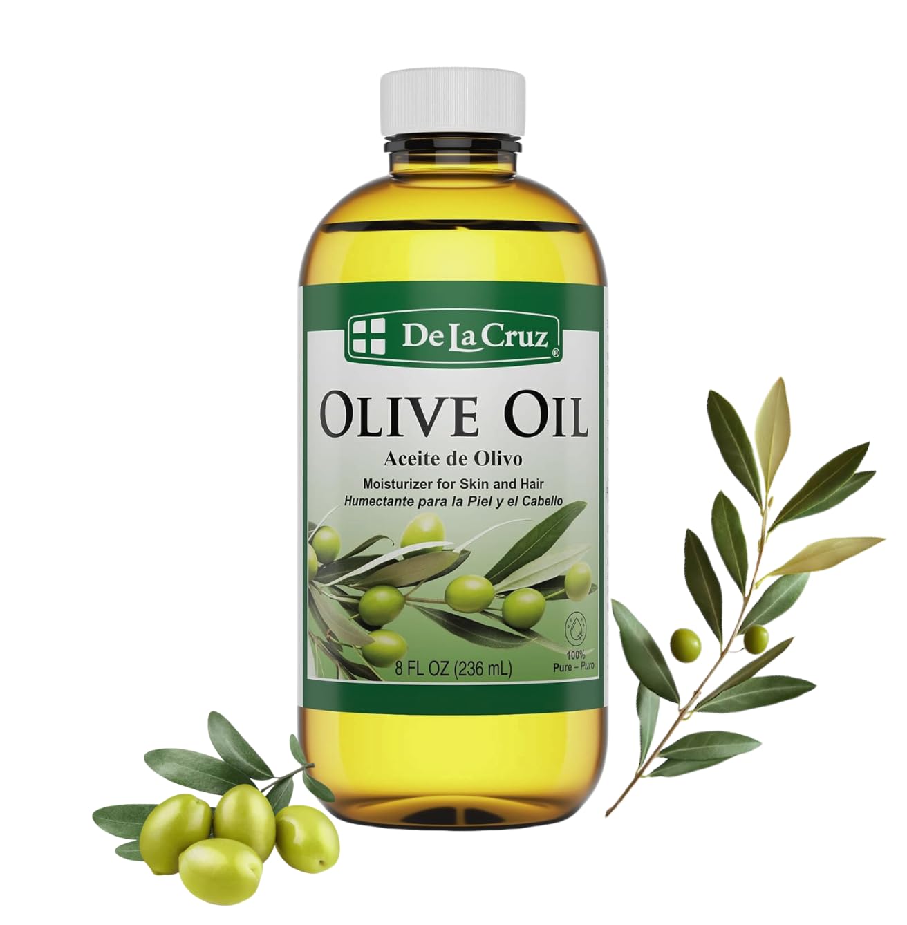 Huile d'olive pure De La Cruz dans sa bouteille, hydratation légère pour cheveux et peau.