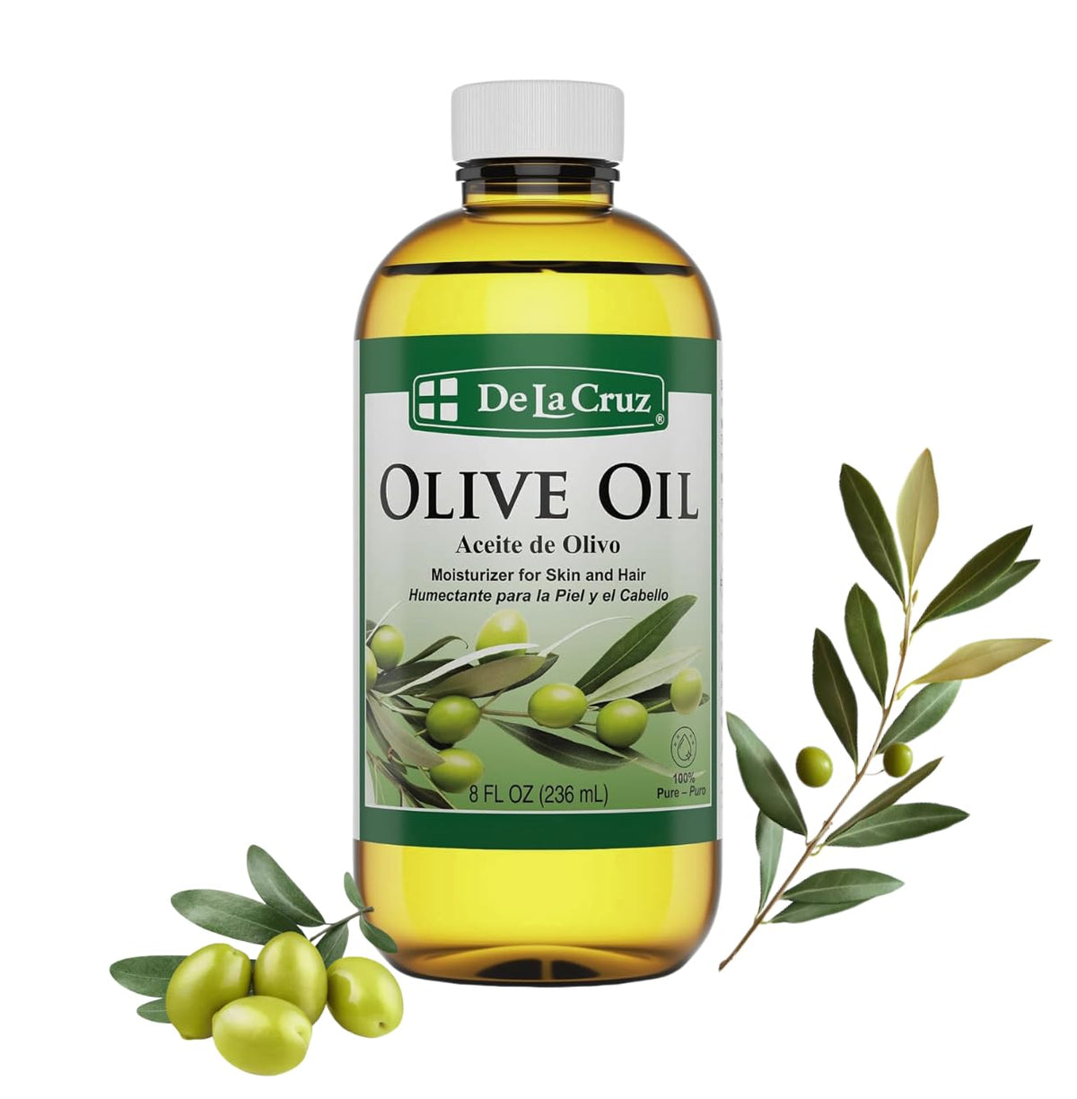 Huile d'olive pure De La Cruz dans sa bouteille, hydratation légère pour cheveux et peau.