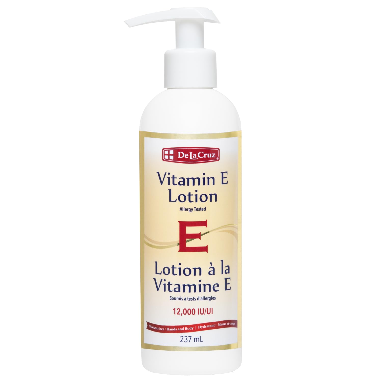 La lotion De La Cruz Vitamine E, bouteille, hydrate profondément les zones sèches.