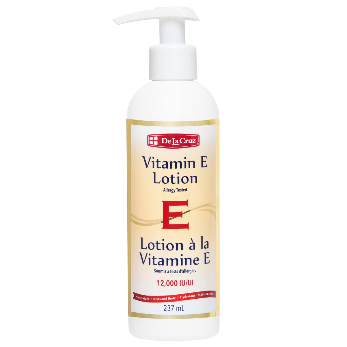 La lotion De La Cruz Vitamine E, bouteille, hydrate profondément les zones sèches.