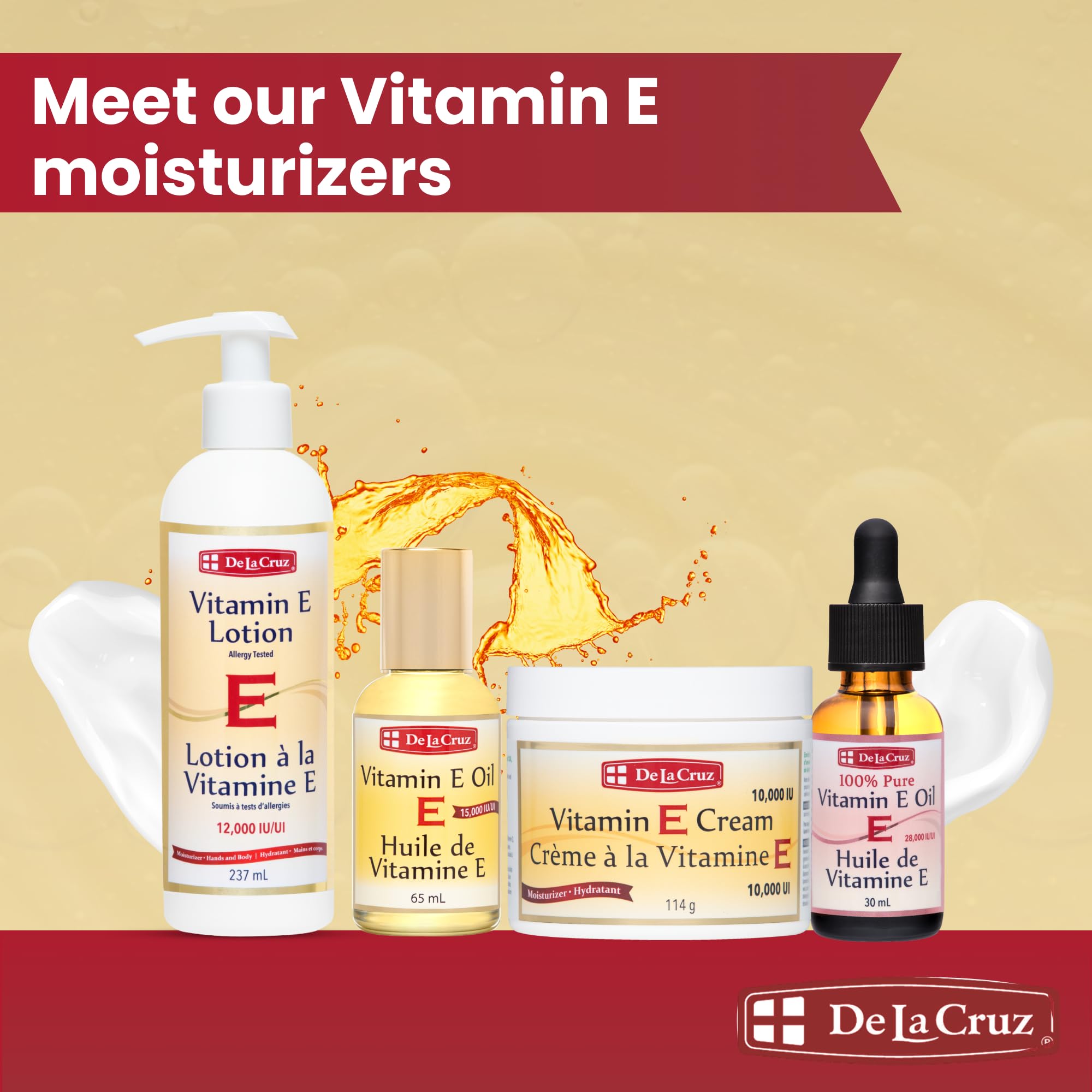 La lotion De La Cruz Vitamine E, fabrication États‑Unis, qualité assurée.