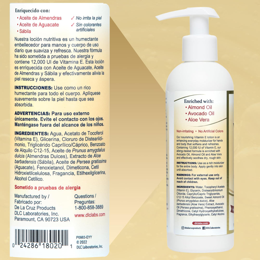 La lotion De La Cruz Vitamine E, ingrédients Avocat-Amande-Aloe, nutriments essentiels.