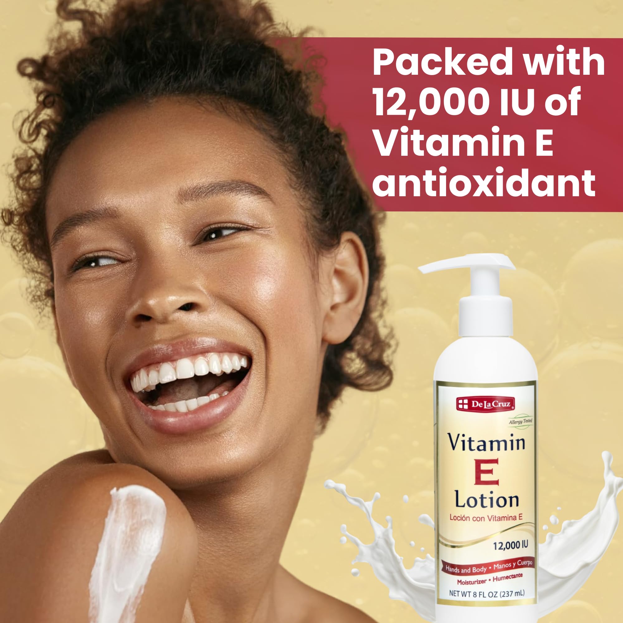La lotion De La Cruz Vitamine E, mains en action, soin quotidien hydratant.