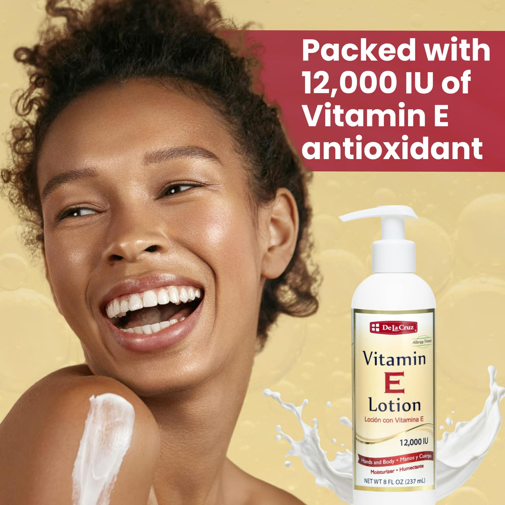 La lotion De La Cruz Vitamine E, mains en action, soin quotidien hydratant.