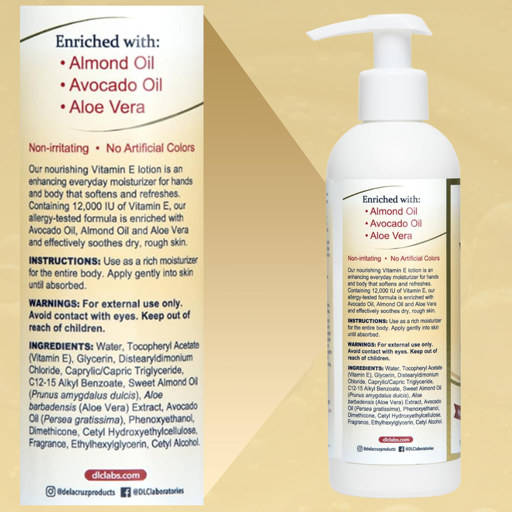 La lotion De La Cruz Vitamine E, sans parfum ni colorant, formule douce.
