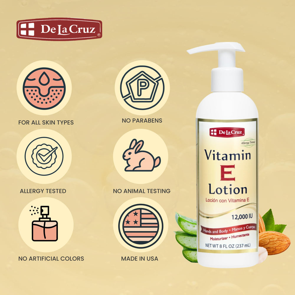 La lotion De La Cruz Vitamine E, zones exposées au soleil, hydratation protectrice.
