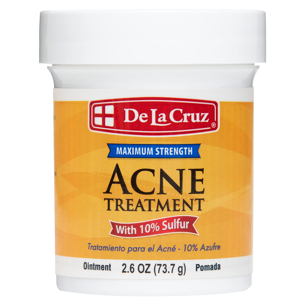 Pommade De La Cruz 10% soufre, bouteille gros plan, peau plus nette et moins huileuse.